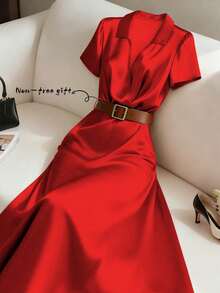 Qadelle Vestido midi de manga corta con cuello cruzado elegante para uso diario, verano - Rojo - Ver 1
