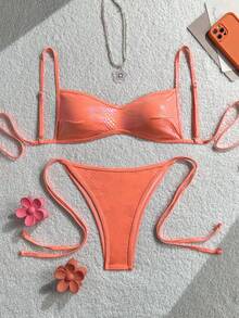 Shiny Elegant Holographic Snake Print Bikini Set For Women, Metallic Swimwear Beach Outfit Vacation Summer - Orange - View 9