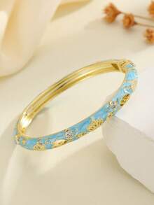 1pc Fashion New Style Gold Plated Exquisite Rhinestone Crown Pattern Enamel Cloisonne Bracelet Bangle Jewelry Gift For Girls Women - Mint Blue - View 3