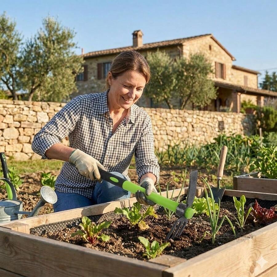 أداة حديقة بمقبض من الألياف الخضراء بطول 50 سم، مسطحة بثلاثة أسنان، خفيفة الوزن ومريحة للتعشيب في البستنة - C - مشاهدة 1