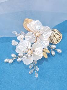 KOVLYNE 1Pc White Shell Flower Pearl Rhinestone Hair Clip - Gold Filigree Leaf Alligator Barrette, Styling Supplies For Wedding, Bridal & Formal Photoshoot ﻿ - Gold - View 5