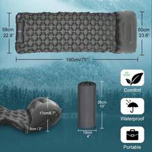 YEHUARIS Almohadilla Inflable Ultraligera para Dormir, Bomba de Pie Incorporada Portátil+ Almohada con Bolsa de Almacenamiento para Camping al Aire Libre, Mochilero y Senderismo, Individual (Gris) - Individual + Gris - Ver 2