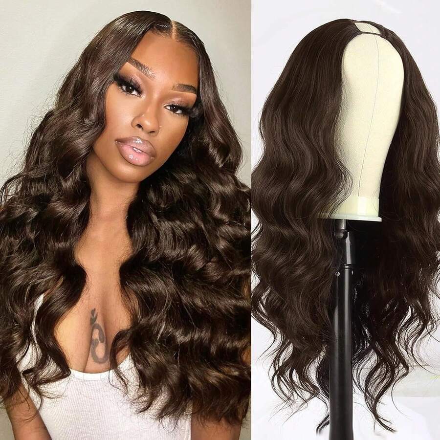 24inch Body Wave V Part Wig Synthetic Brown Half Upgrade U Part Wigs For Women - Brown# - 查看 1