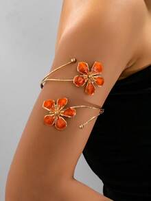 1pc Punk Exaggerated Metal Floral Arm Cuff Bracelet,Versatile Women Accessories For Daily, Party & Beach, Perfect Holiday - Gold + Orange - View 7