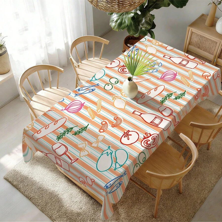 1 pieza Mantel con estampado de rayas de comida italiana dibujado a mano de colores, estilo mediterráneo occidental con frutas, verduras y vino, 140*220cm/140*180cm/140*140m/90*140m, material de poliéster estampado, decoración de mesa, decoración del hogar, decoración de cocina, mantel rectangular, mantel cuadrado, decoración del hogar adecuada para picnic, camping, fiesta, buffet de restaurante, decoración del hogar, decoración de sobremesa, bricolaje del hogar - Multicolor - Ver 1