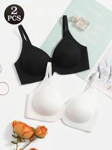 2pcs Women's Seamless Wireless Bra Set, Comfortable Invisible Push Up T-Shirt Bras, Adjustable Straps Everyday Bralette - Multicolor - View 10