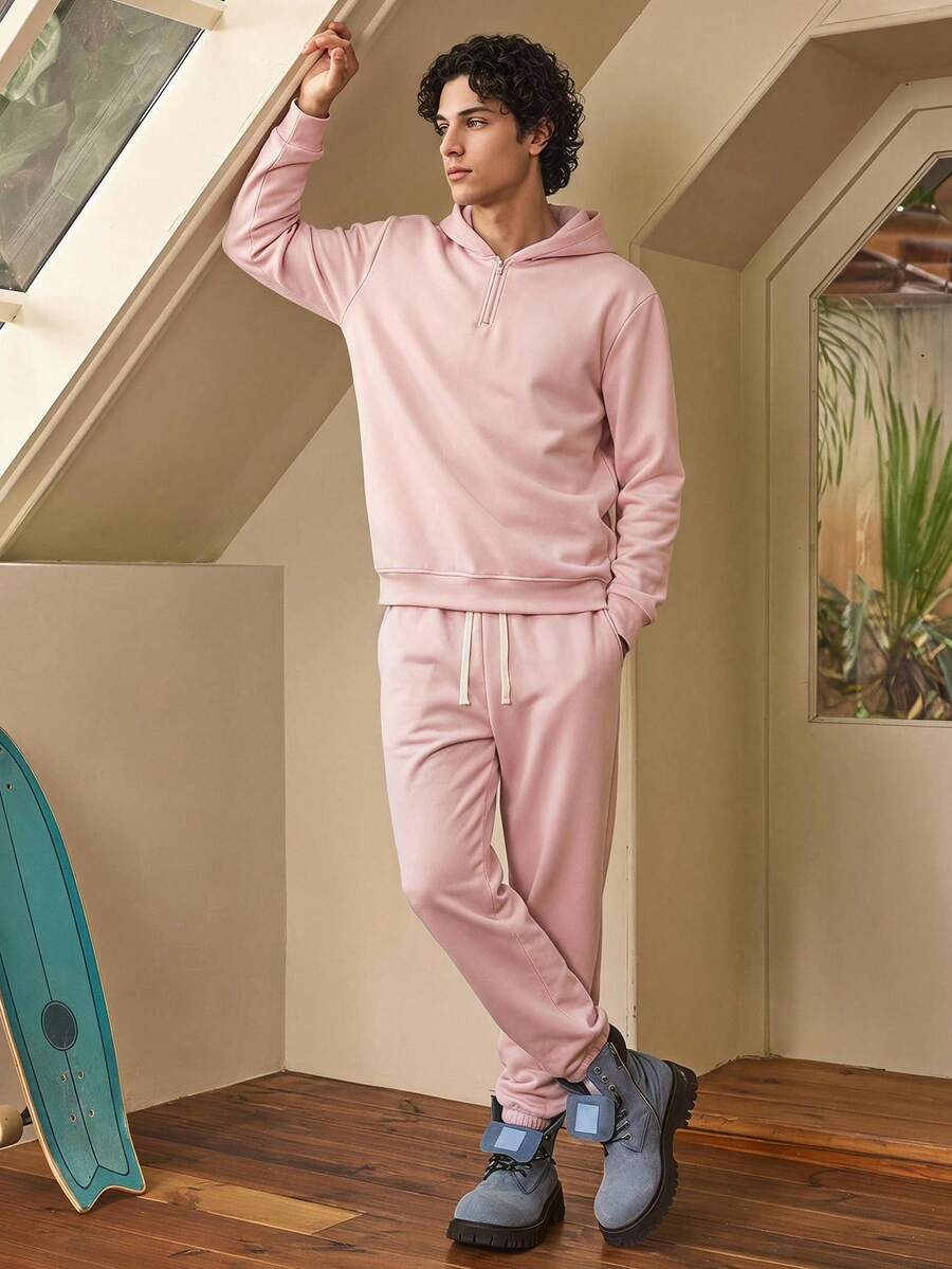 Whitmere 2件套男士秋冬休闲运动连帽运动服套装 INS风,日常搭配,男友/老公礼物,复古美式,男女通用,宽松夏季套装 – 适合日常穿着和夏季度假穿着。 - 淺粉色 - 查看 1