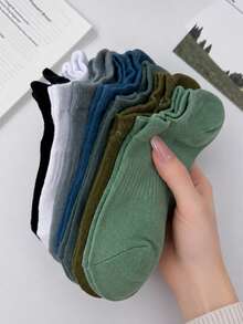 5 Pares de Meias Invisíveis Multicolores Sólidas Caneladas para Mulheres, Meias Invisíveis de Corte Baixo Respiráveis e Macias de Mistura, Adequadas para Calçados Esportivos, Uso Diário & Primavera/Verão - Multicolorido - Visão 8