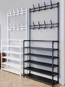 1 Multi-Functional Iron Art Coat And Shoe Rack, 4/5 Tiers, With 8 Hooks - Easy Assembly, Black/White Shoe Rack, Shoe Storage Rack - Multicolor - View 3