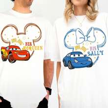 Couple Her McQueen His Sally Mickey Ear Print 100% Cotton Tee, Matching Disney Cars Casual Short Sleeve T-Shirt - 白色男 - 查看 1