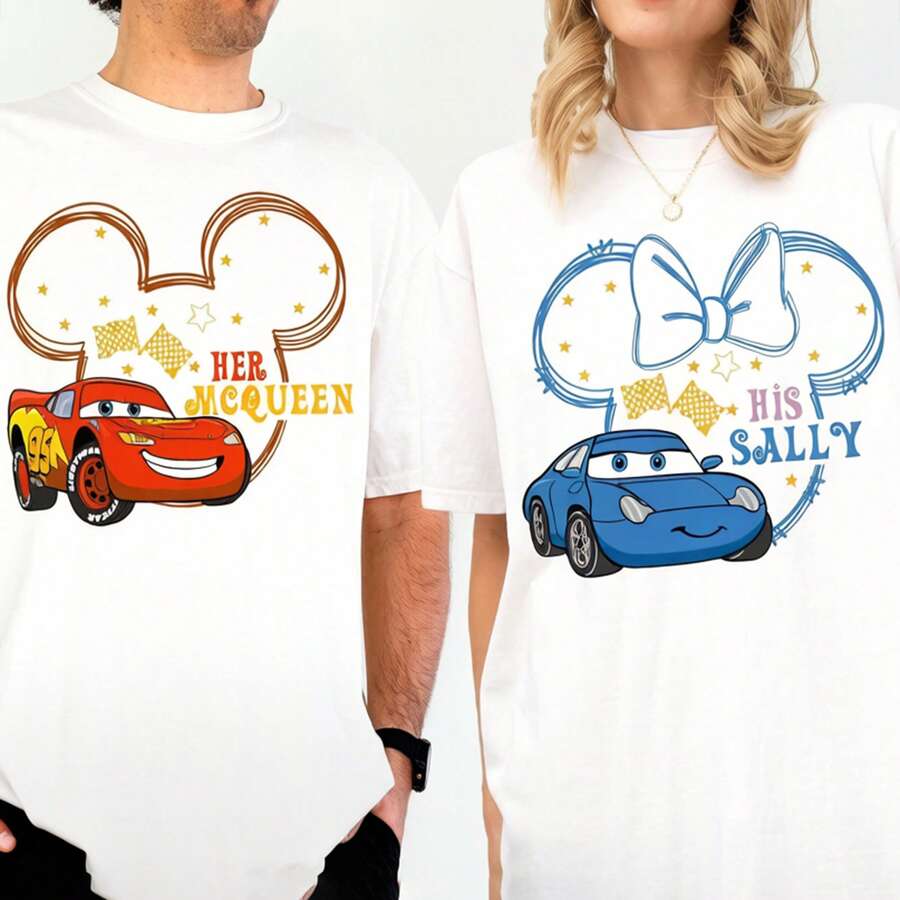 Couple Her McQueen His Sally Mickey Ear Print 100% Cotton Tee, Matching Disney Cars Casual Short Sleeve T-Shirt - 白色男 - 查看 1