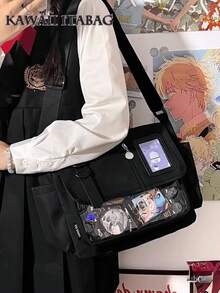 Y2K 日系原宿風青少年女孩後背包 2026 新款透明痛包 斜背包 DIY 徽章展示板痛包 - 黑色 - 查看 3
