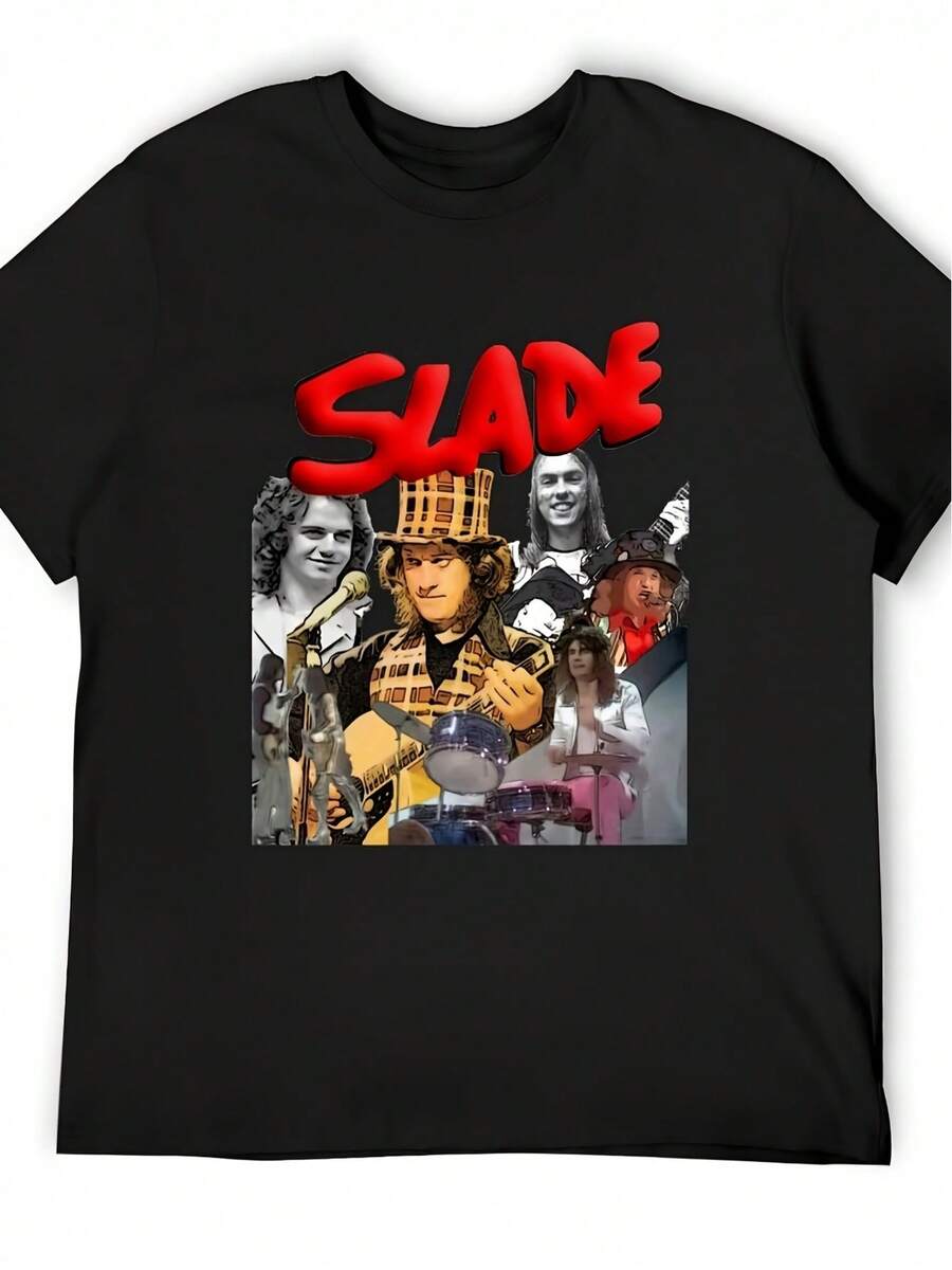 Men's Black Short-Sleeve Shirt T Shirt,Printed In Striking Red SLADE Pattern And Band Design - Casual Round Neck T Shirt,Suitable For Everyday Wear,Four Seasons Comfortable,Suitable For Music Events And Parties - Durable And Soft Fabric - Black - View 1