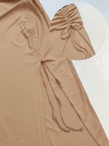 Women's U-Neck Sleeveless Side Drawstring Ruched Minimalist Tank Dress, Casual Side Slit Ribbed Daily Vacation Dress, Elegant - Apricot - View 6