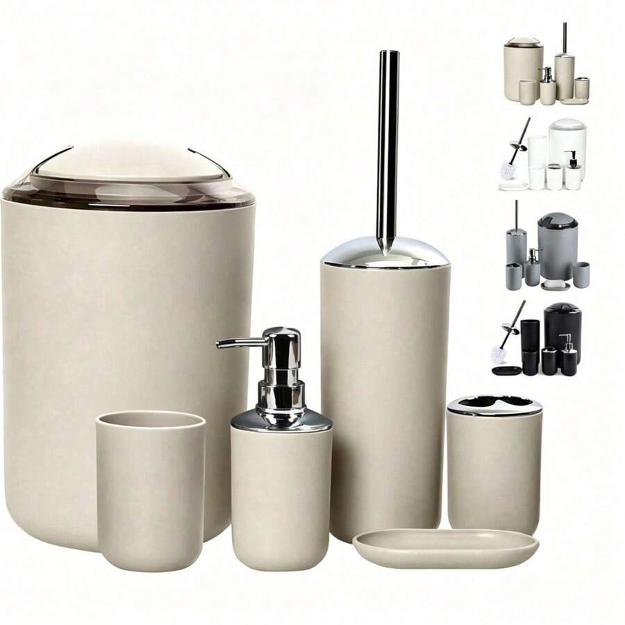 6-Piece Bathroom Accessory Set, Plastic Gift Set, Includes Toothbrush Holder, Tumbler, Soap Dispenser, Soap Dish, Toilet Brush Holder, Trash Can, Suitable For Birthday, Housewarming, Holiday Gifts, Available In White, Red, Brown And Black - Multicolor - View 1