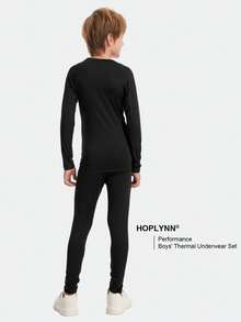 HOPLYNN 青少年男童保暖压缩长袖打底内衣套装，保暖运动足球内衣 - 黑色 - 查看 3