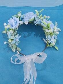 KOVLYNE 1pc Handmade Light Blue Rose Headpiece - Fresh Green Princess Party Flower Crown With Transparent Ribbon, Suitable For Bridal Wedding, Fairy Photography And Summer Occasions - Baby Blue - View 4