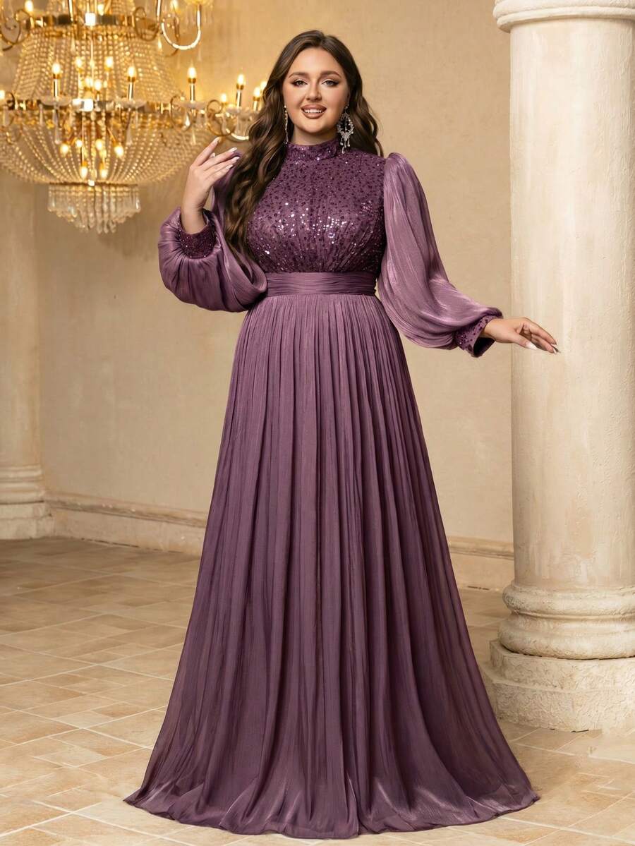 UNITHORSE Plus Women's Stand Collar Lantern Sleeve Sequins Patchwork Imitation Photocell Maxi Evening Dress Wedding Party