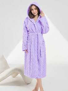 1件女款純色長款浴袍，毛絨柔軟吸水快乾，舒適透氣，可穿式浴巾，適用於居家/SPA/飯店/休閒，四季通用，浴室裝飾 - 金龜絨浴袍 - 查看 6