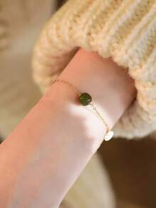 BALMORA 1pc S925 Sterling Silver Artificial Jade Bracelet, Lucky Symbol Beaded Bracelets, Birthday Gift For Women - Gold - View 4