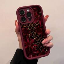 Las fundas para teléfono con diseño de leopardo dorado y lirios burdeos son compatibles con , Apple, VIVO, OPPO, , Transsion, ,  y Honor. Fabricadas en silicona TPU, ofrecen protección contra golpes y caídas. Un regalo ideal para San Valentín o Año Nuevo. - Rojo - Ver 1