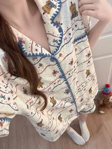 2件組女款睡衣家居服套裝，開襟可愛熊與花卉印花短袖開襟衫搭配時尚簡約短褲，適合春夏，舒適且可戶外穿著 - 彩色 - 查看 10