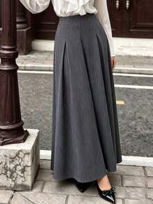 minisummer Women Elegant Fall Dark Grey Pinstripe Maxi Skirt, High Waist Pleated Flared Long A‑Line Skirt - Black - View 8