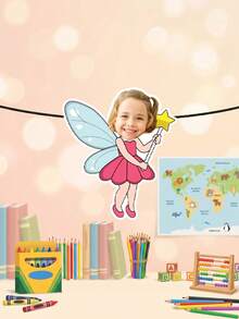 Custom Photo Fairy Cutout Bunting, Winged Elf Cartoon Portrait Banner, No Custom Text, 8/16/24PCS Options, Girl Birthday & Playroom Hanging Decor - Multicolor - View 15