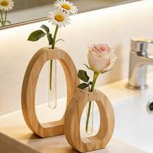 Oval Hollow Wooden Test Tube Vase, Minimalist Glass Tube Flower Arrangement Stand, Creative Home Desktop Decor Hydroponic Plant Vase, Suitable For Roses And Daisies - Multicolor - View 8