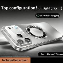 [Local Delivery Within 24 Hours]Matte Metallic Silver Phone Case, Available In Multiple Colors, With A High-End Appearance, Large Glass Lens Window Paired With A Circular Magnetic Decoration, And -Plated Gold Edges Outlining The Frame. The Integrated Lens Protection Cover Is Paired With A Circular Decorative  And Features Clean, Rounded Edges. The Case Is Easy To Clean Without Leaving - Grey - View 3