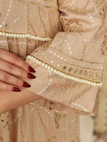 Heavy Gold Embroidery Arabic Women's Summer Apricot Elegant Dress, JALABIA 9/10 Flare Sleeve Fashion Luxury Creative, Summer Casual Travel Outfit - Apricot - View 8