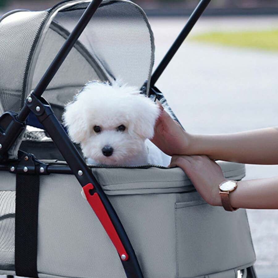 Carrito de viaje para mascotas, aprobado para viajes en coche, tren y autobús, diseño compacto y plegable, con cinturón de y ventilación total, para que tu perro o gato viaje cómodo y contigo - Gris - Ver 1