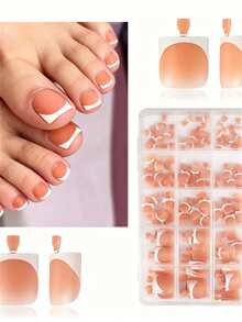 150Pcs/Caja 0#-14# Uñas postizas para pies mate nude estilo francés preformadas degradadas cortas cuadradas de varios tamaños con borde blanco para verano - Multicolor - Ver 3