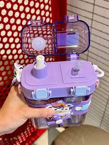 Dual-Drinking Cup For Kids, Large Capacity, High Aesthetic Value, Divided Compartment, Dual Straw Cup, Purple Water Bottle With Strap, Portable For Boys And Girls Students Outdoor Use - Dark Purple - View 3