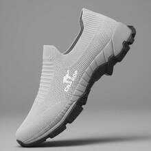 Tênis Masculino Slip On Knit Leve Respirável Confortável Caminhada Trabalho sapatilha sola tratorado dia a dia - Cinza - Visão 4