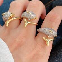 1pc 18K Gold Plated Copper Ocean Series Dolphin Design Fully Paved Ring, Luxury Casual Daily Wear Gift - Dolphin - View 1