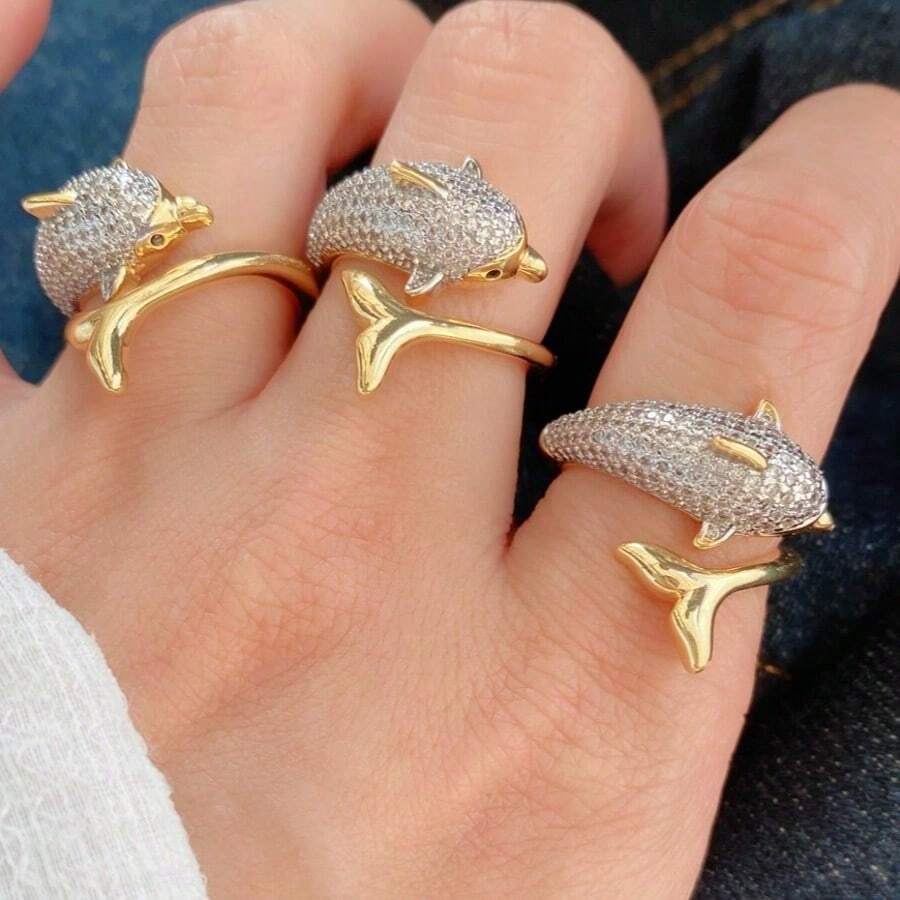 1pc 18K Gold Plated Copper Ocean Series Dolphin Design Fully Paved Ring, Luxury Casual Daily Wear Gift - Dolphin - View 1