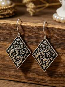 1 par de pendientes vintage con relieve de rombo y flores, pendientes colgantes geométricos tallados, joyería de oreja estilo retro de la corte - Plata antigua - Ver 7