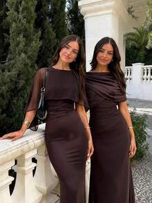 Brown Romantic Elegant Fashion Chiffon Poncho Design Knitted Ruched Mermaid Maxi Dress, Teardrop Button Back, Suitable For Spring/Summer Dates & Gatherings - Brown - View 11