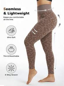 Quần legging nén yoga không đường may in họa tiết da báo dành cho nữ, thích hợp cho kỳ nghỉ. - màu nâu - Xem 5