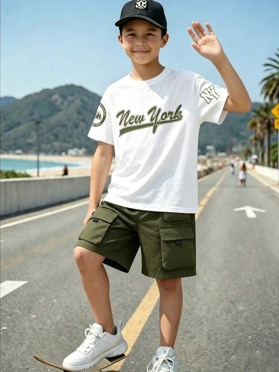 Youth Boy Cartoon Graphic Print Round Neck Short Sleeve T-Shirt And Shorts - White - View 1