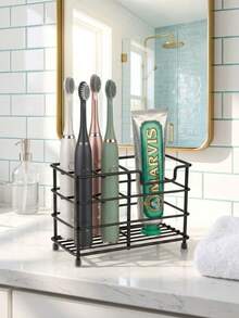 Soporte para cepillos de dientes de baño, estante de almacenamiento de baño moderno de acero inoxidable negro con 5/6 compartimentos y ranura para pasta de dientes, adecuado para el almacenamiento y la organización de artículos de tocador en el hogar moderno - A - Ver 2