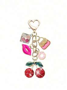 Elegant Exquisite Diamond Inlaid Cherry Pendant Keychain, Makeup Theme Pendant, Y2K Style, With Cute Pink Cherry, Rose Lips, Eyeshadow Palette And Donut Design, Summer Pink, Suitable For Backpack, Handbag, Wallet, Beach Bag, Phone Charm - Multicolor - View 7