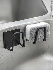 Stainless Steel Sink Sponge Holder - Self-Adhesive Kitchen Drain Rack With Drain Grid, Interchangeable Cleaning Sponge Holder - 黑色 - 查看 1