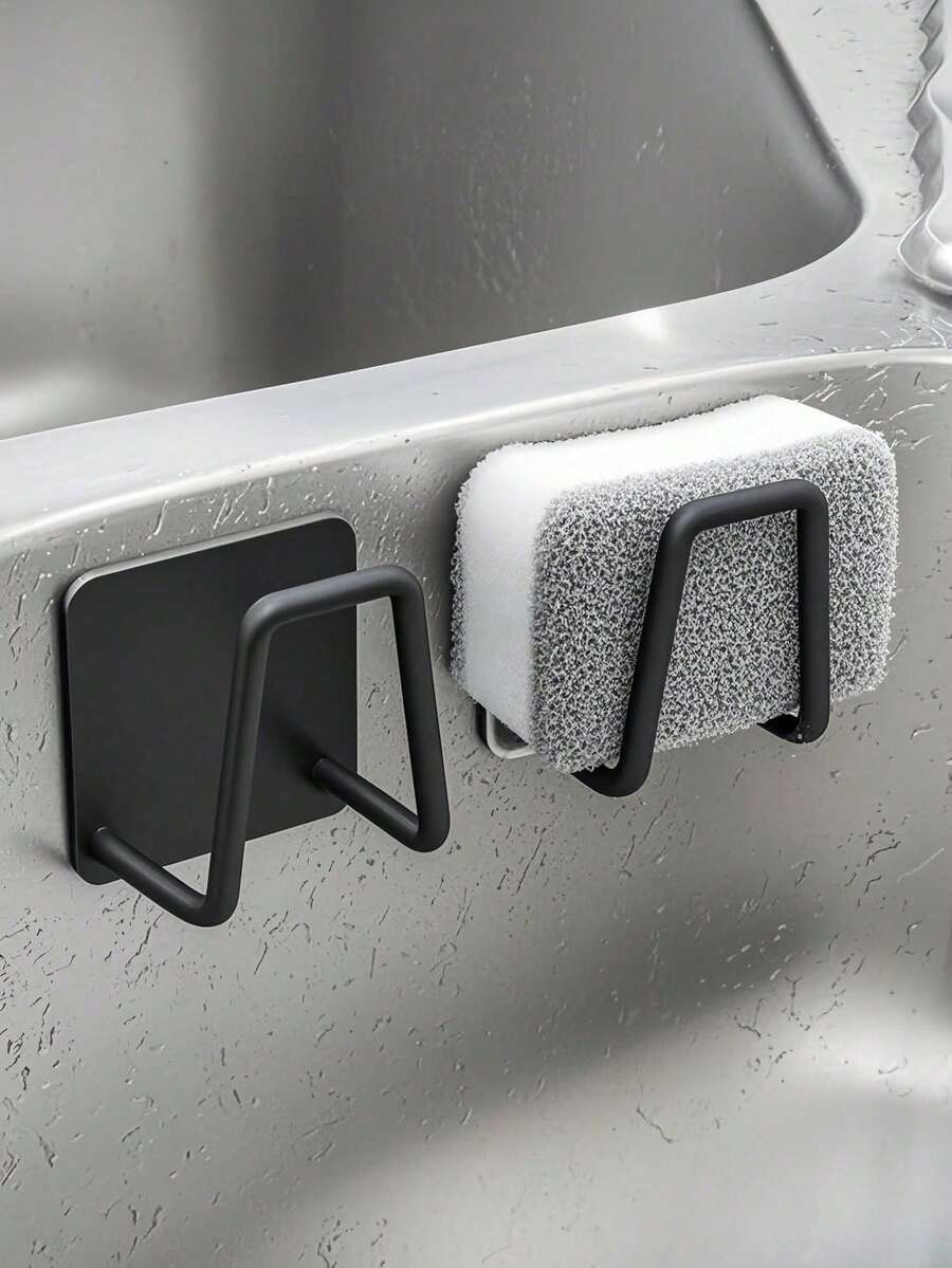 Stainless Steel Sink Sponge Holder - Self-Adhesive Kitchen Drain Rack With Drain Grid, Interchangeable Cleaning Sponge Holder - 黑色 - 查看 1