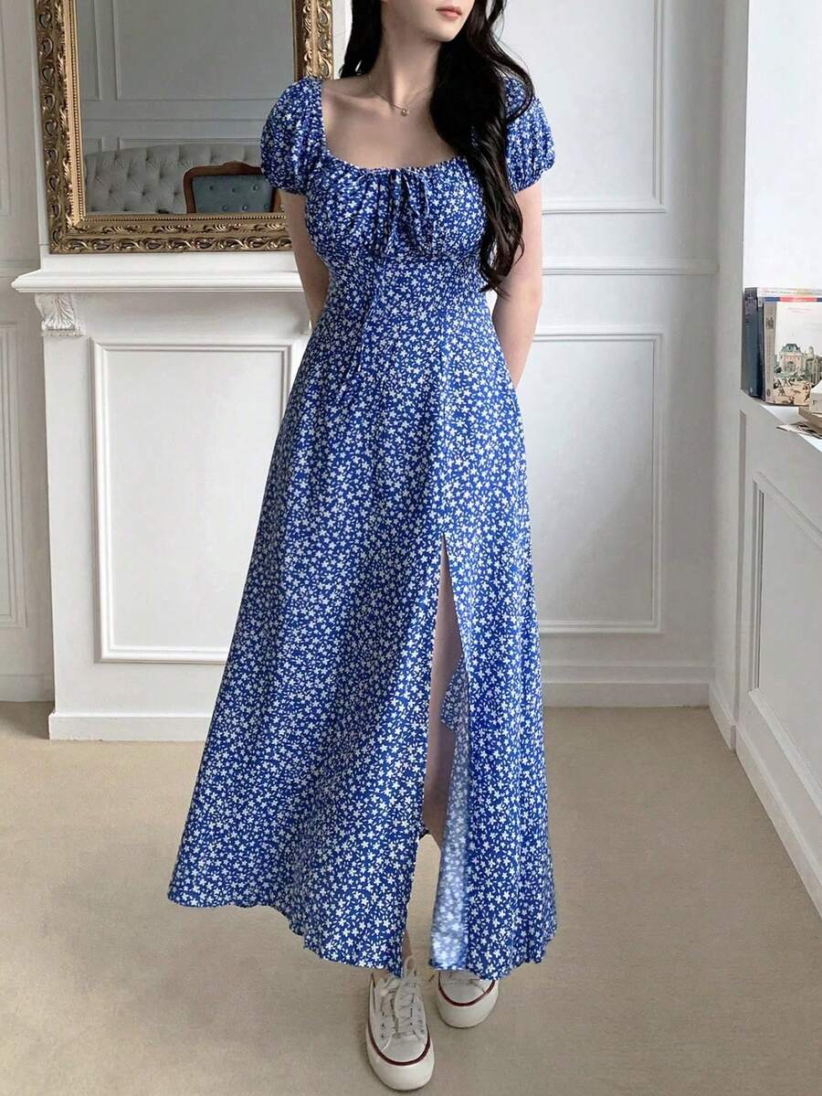Vestido midi con estampado floral y abertura lateral, vestido de lechera, vestido de verano, atuendos de vacaciones para mu - Azul - Ver 1