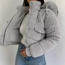 PUFF JACKET - WARM AND LINED WINTER JACKET - COAT - WOMEN'S COLD WEATHER BLOUSE FOR PARTIES - Light Grey - View 4