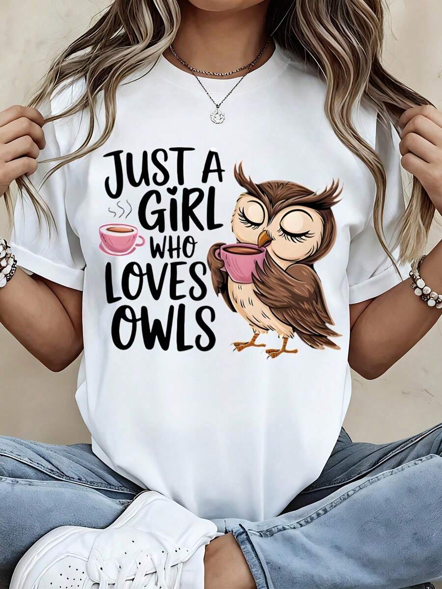 T-Shirt With A "Just A Girl Who Loves Owls And Coffee" Print, A Casual Top Suitable For Leisure And Sports. Women's Clothing. - 白色 - 查看 1