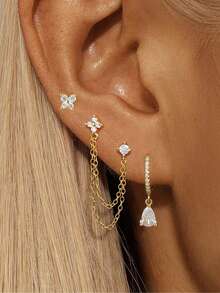 3pcs/Set, Single Ear Wear, 18K Gold Plated Copper Hoop Earrings And Stainless Steel Stud Earrings, Sparkling Butterfly Zirconia Flower Earrings, Women's Cartilage/Helix/Tragus Double Hole Chain Piercing Earrings, Girls Gift Jewelry - 3pcs Earrings Set - View 2