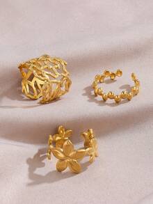 3pcs/Set Stainless Steel 18K Gold Plated Fashion Flower & Geometric Ring Set, Suitable For Women's Daily Wear, Dating, Holiday Gifts - Gold - View 6